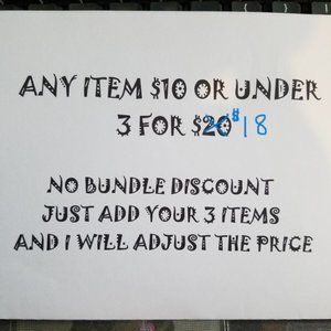 All items $10 and under will be sold 3 for $18